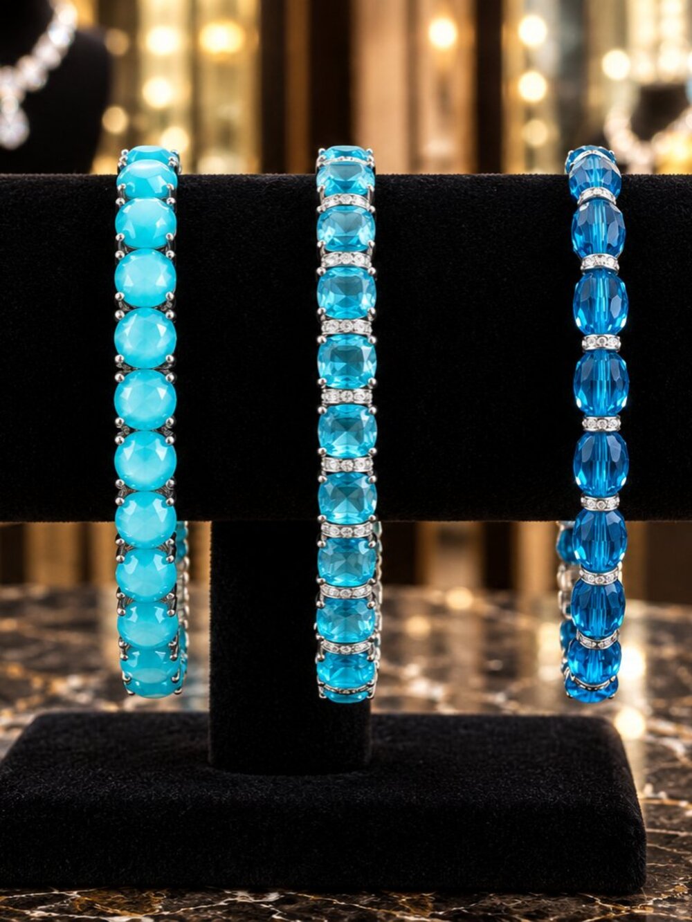 (x3) Boutique Style Teal Crystal & Aqua Stacking Bracelet Set Stretchy NICE💎